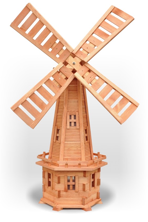 Assorted wooden garden windmills in various sizes and designs, creating a picturesque and enchanting scene in an outdoor setting from pendle windmills