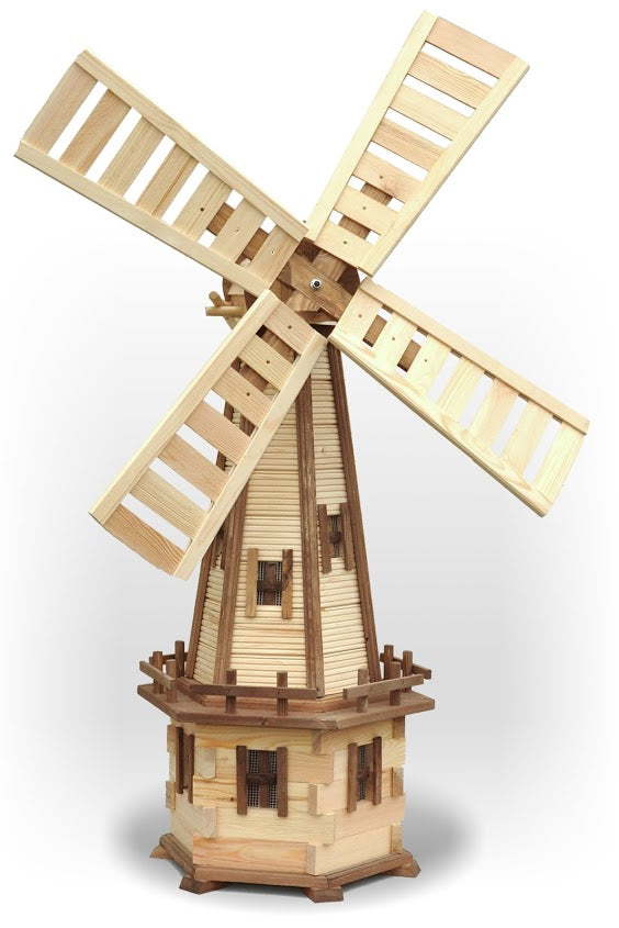 Assorted wooden garden windmills in different sizes and designs, enhancing the outdoor ambiance with their rustic charm and gentle rotating blades.