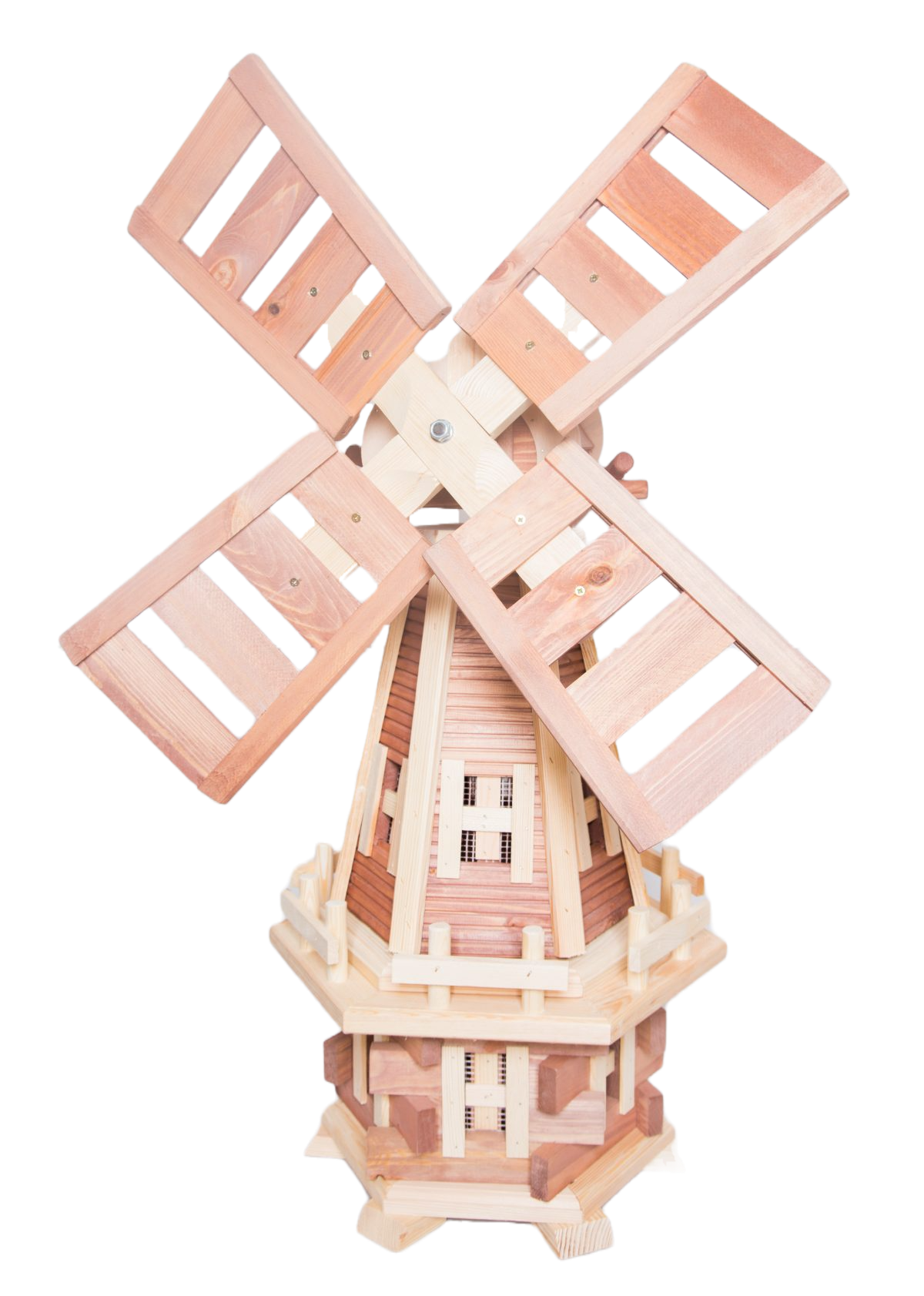 "Handmade wooden garden windmill: A rustic masterpiece standing tall with rotating blades, adding charm and elegance to any outdoor space."