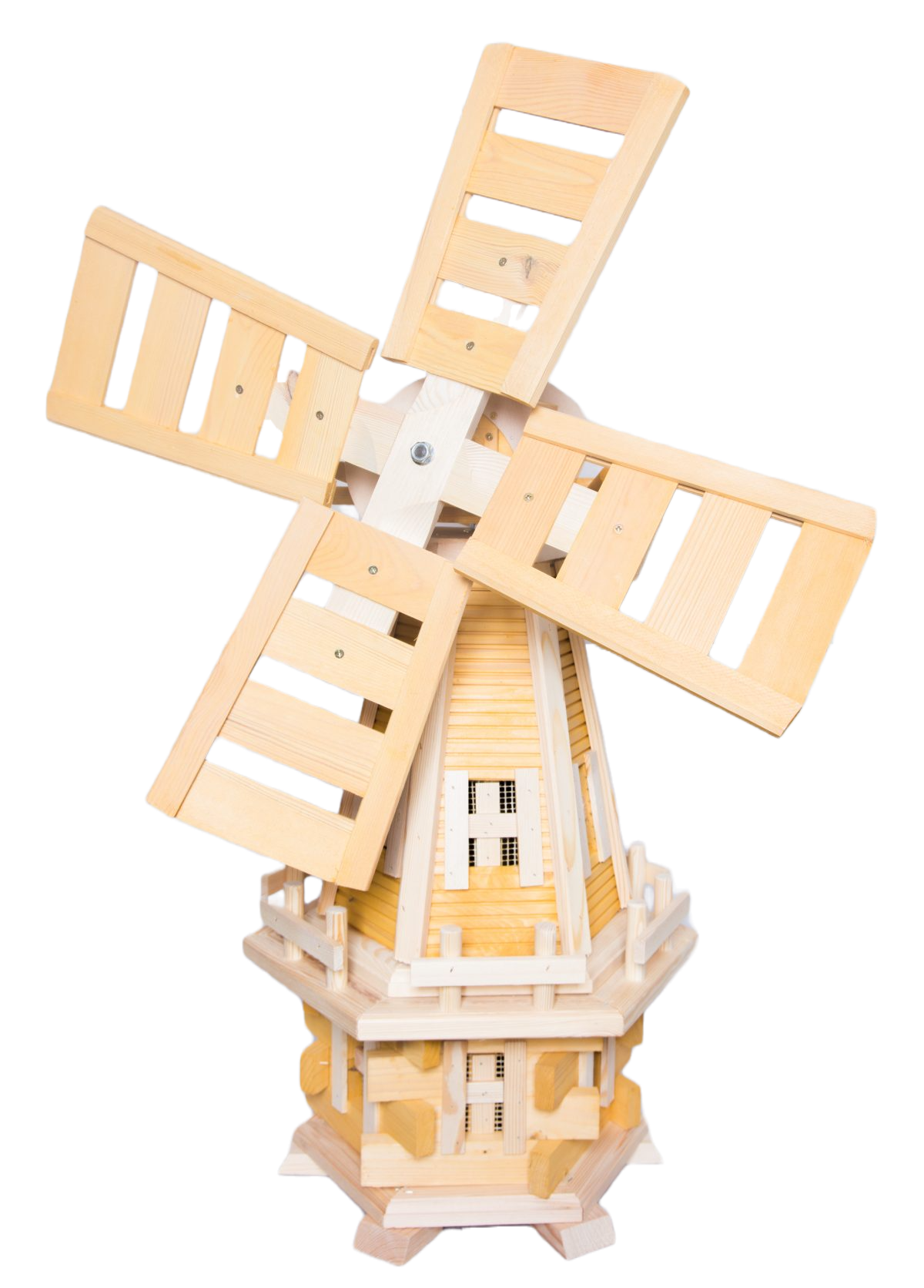 "Handcrafted wooden garden windmill featuring a classic design with rotating blades, adding rustic charm and movement to your outdoor space."