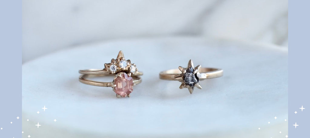 Sustainable engagement rings made with heirloom diamonds, sunstone and meteorite