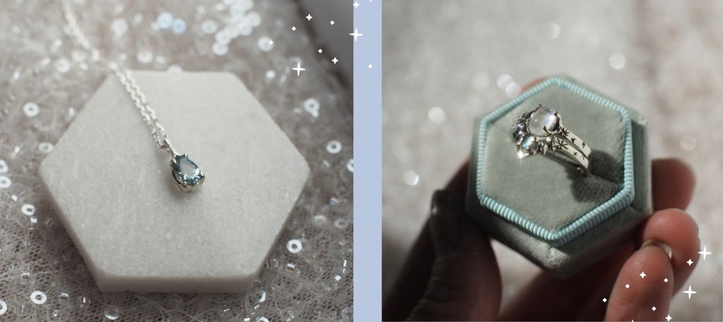 Custom jewelry design featuring aquamarine, moonstone and labradorite