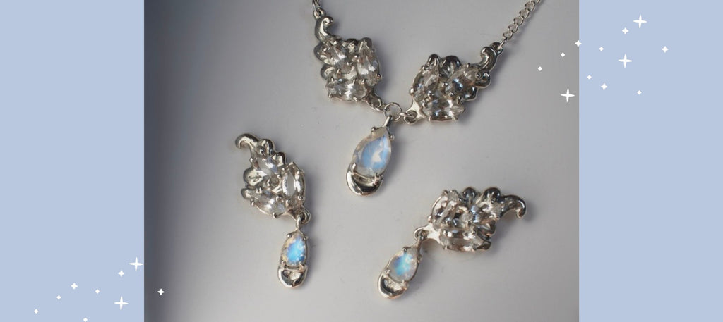 Custom wedding jewelry with American-mined ice quartz and moonstone
