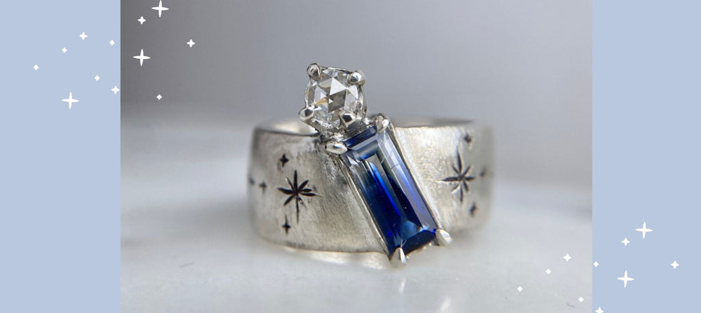 Custom memorial ring with sapphire and diamond alternative, moissanite