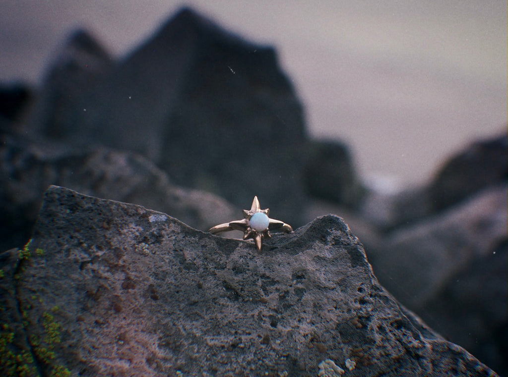 Iron Oxide Solitude Collection Polaris Star Ring set with Lab Grown Opal on a rocky terrain