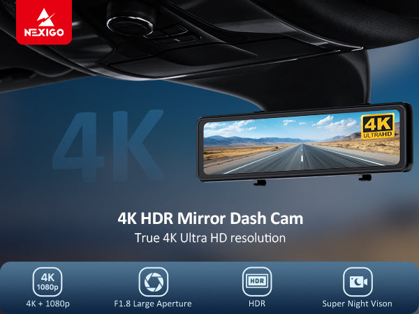 NexiGo D90 4K HDR Mirror Dash Cam installed on the front windshield.