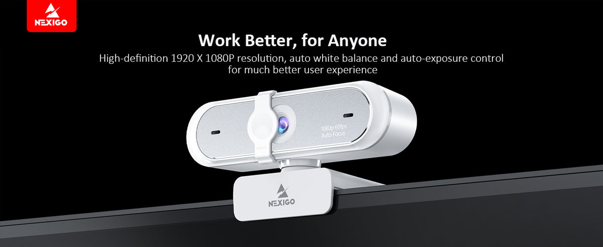 The white autofocus 1080p 60fps webcam with shutter and flexible clip