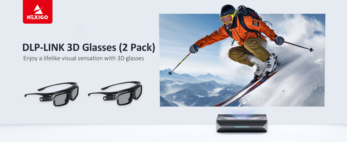 Two packs of 3D glasses on the left, Aurora Pro projector displays skiing scene on the right