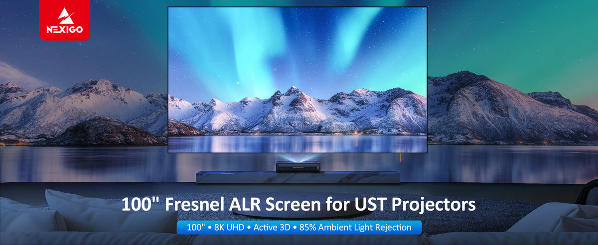 The NexiGo Aurora UST laser projector displays stunning aurora visuals in this Fresnel ALR Screen.