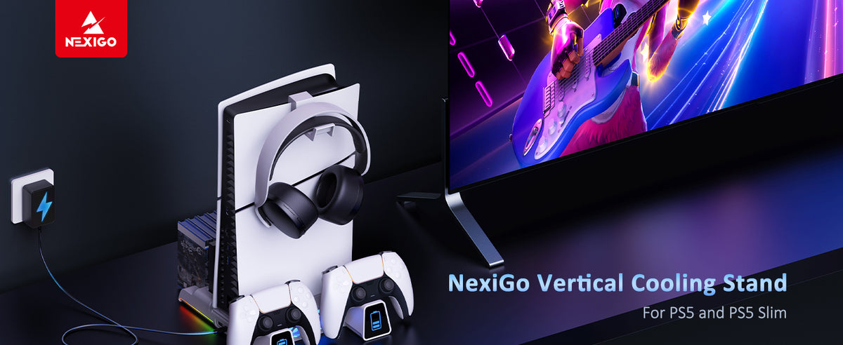 NexiGo Vertical Cooling Stand for PS5 and PS5 Slim is next to TV.