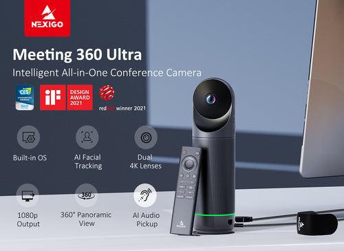 Meeting 360 Ultra Intelligent All-in-One Conference Camera is placed on the table.