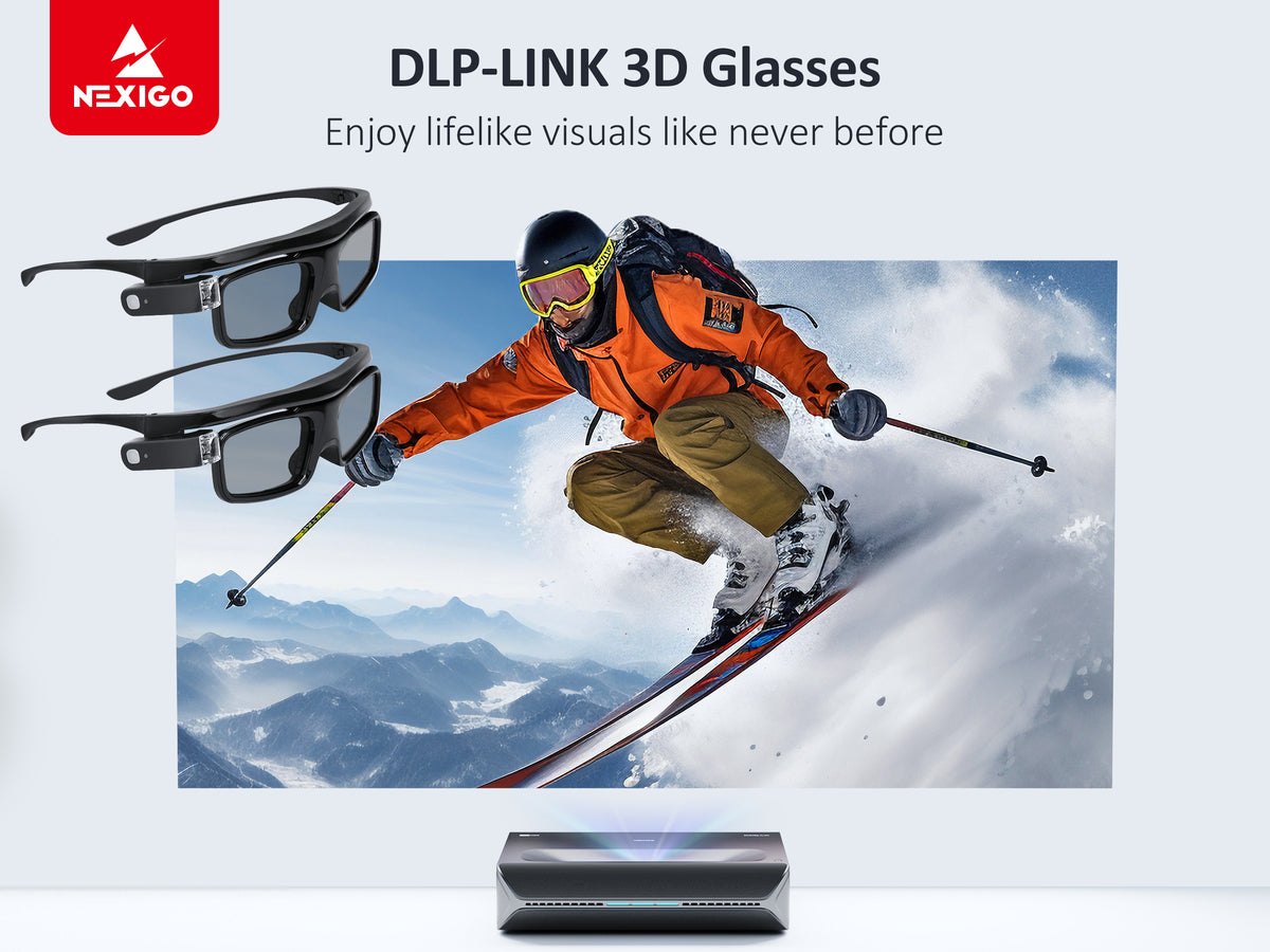Two packs of 3D glasses on the left, Aurora Pro projector displays skiing scene on the right