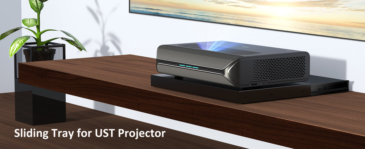 The sliding tray for the UST projector is securely fixed onto the TV cabinet for usage