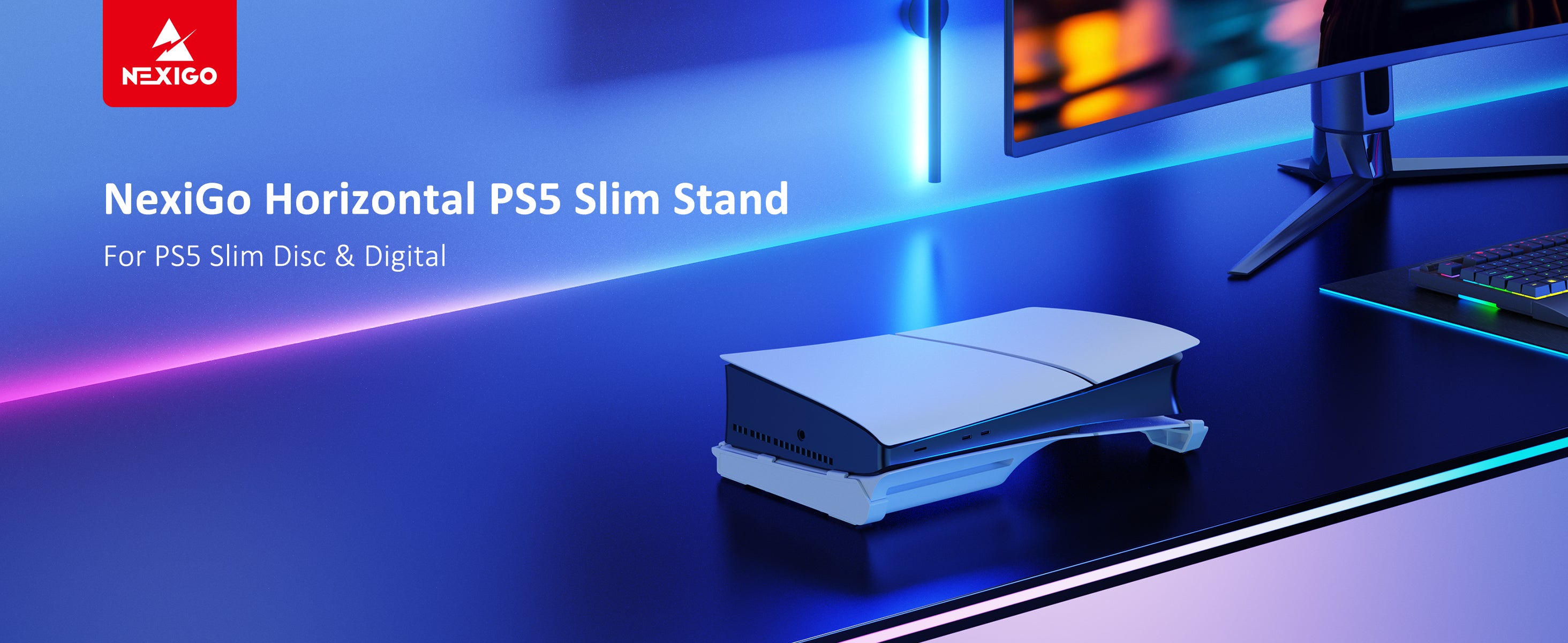 A PS5 console with a stand placed next to the gaming desk.