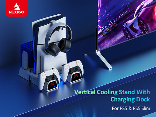 The cooling stand is placed on the desktop, charging the PS5 Slim console.