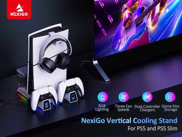 NexiGo Vertical Cooling Stand for PS5 and PS5 Slim is next to TV.