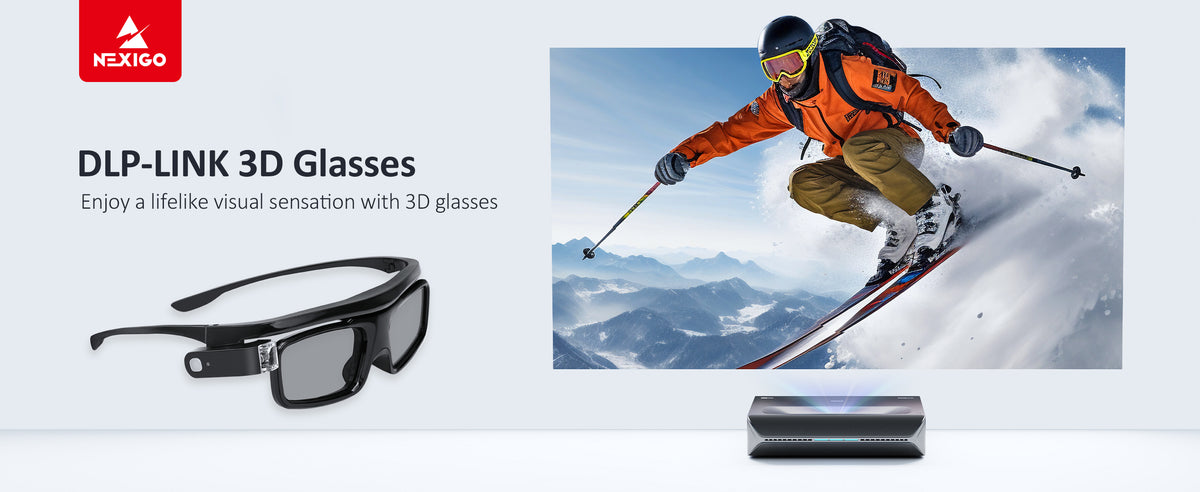3D glasses on the left, Aurora Pro projector displays skiing scene on the right
