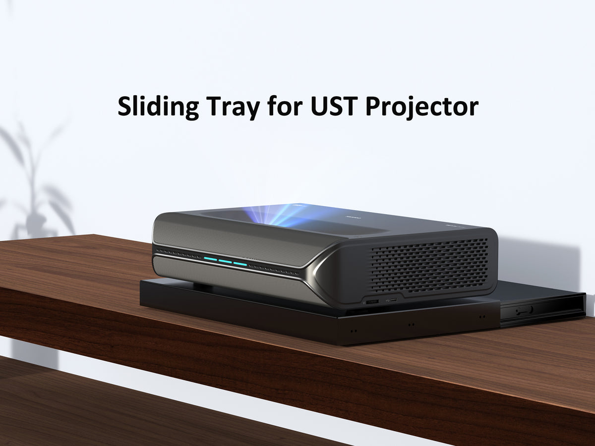 The sliding tray for the UST projector is securely fixed onto the TV cabinet for usage