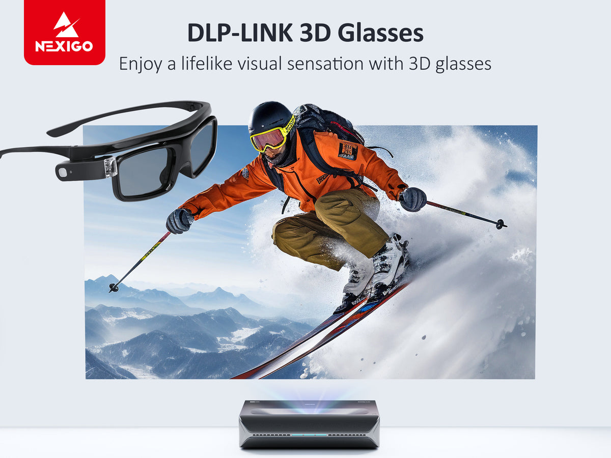 3D glasses on the left, Aurora Pro projector displays skiing scene on the right