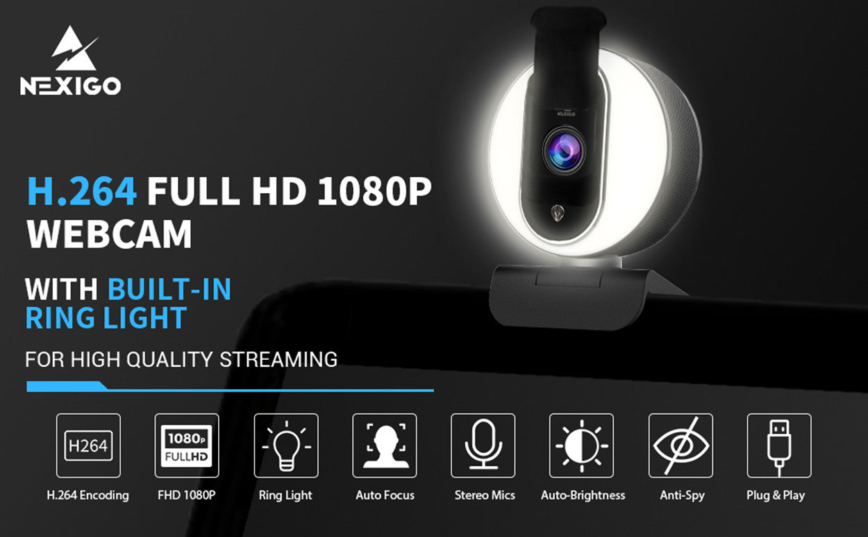 Nexigo FULL HD 1080P WEBCAM WITH BUILT-IN RING LIGHT AND PRIVACY COVER