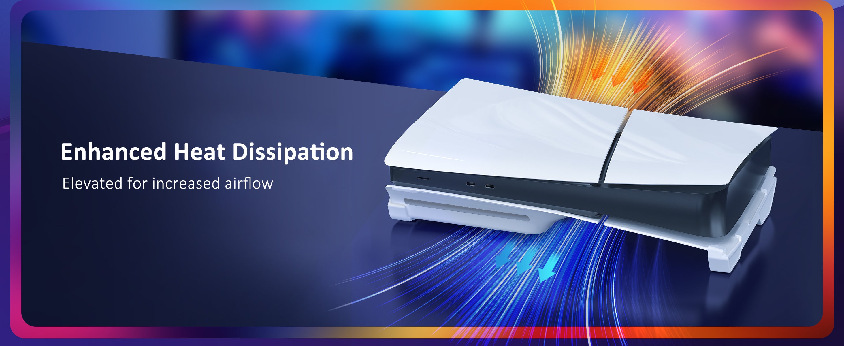 Hot air is emitted from the PS5 Slim console equipped with a horizontal stand.