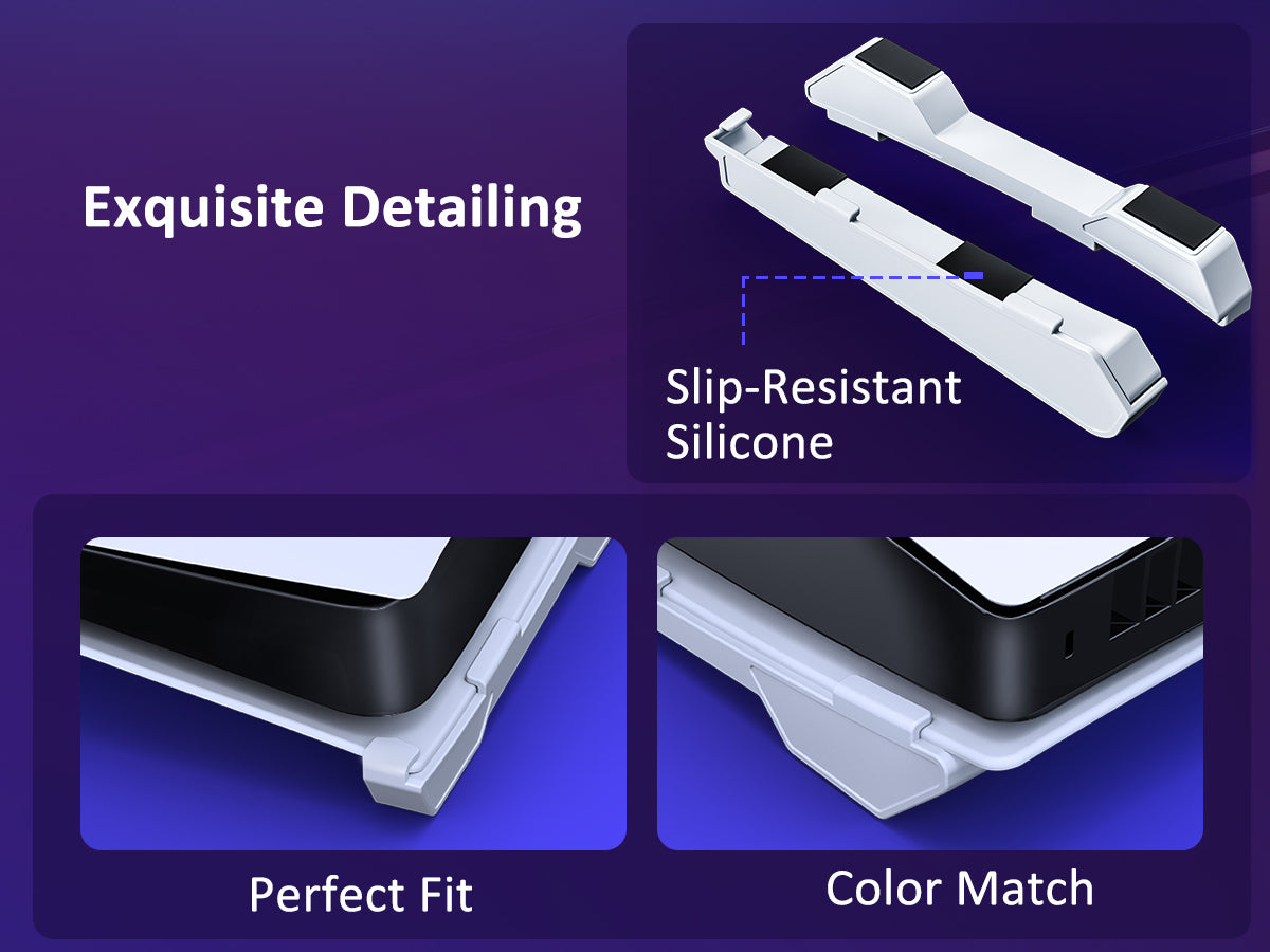 Detail showcasing the perfect fit of the horizontal stand with the PS5 Slim console, which includes a silicone pad.