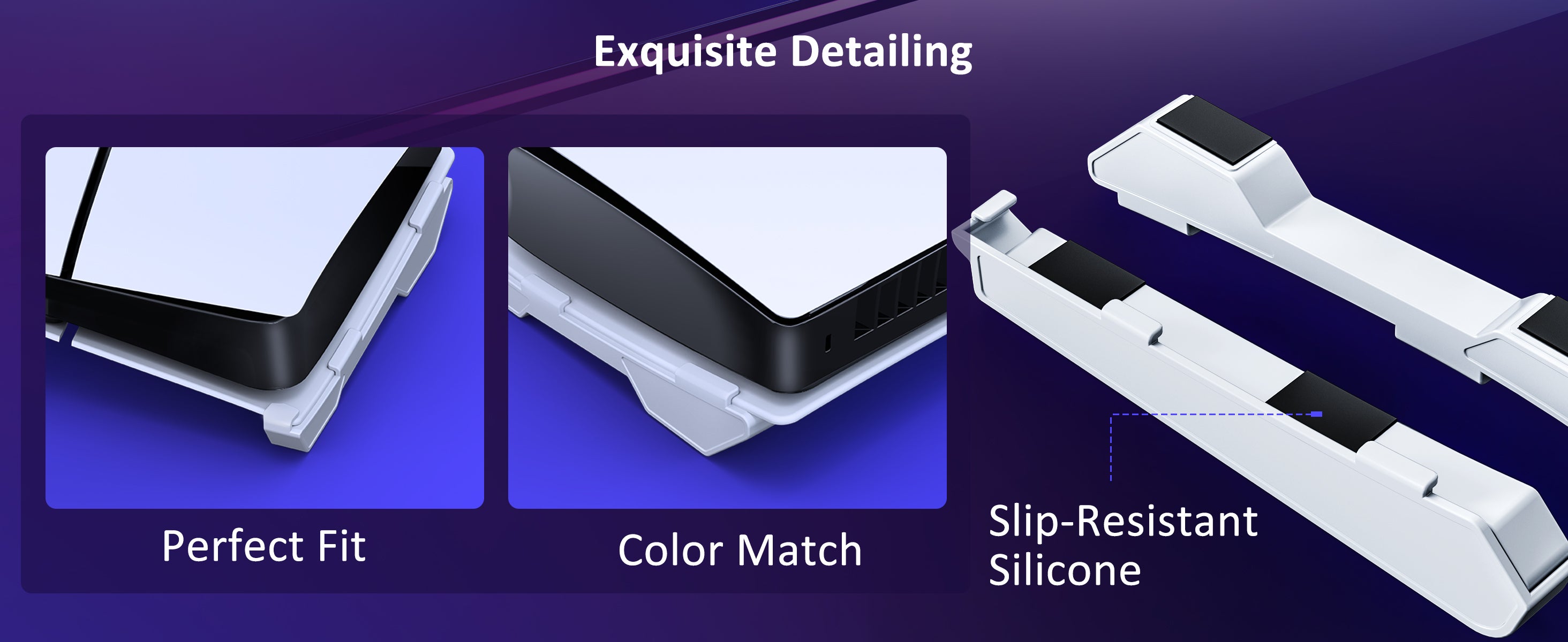 Detail showcasing the perfect fit of the horizontal stand with the PS5 Slim console, which includes a silicone pad.