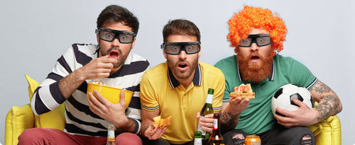 Three scenes: woman with 3D glasses eating popcorn; products on table and beside popcorn