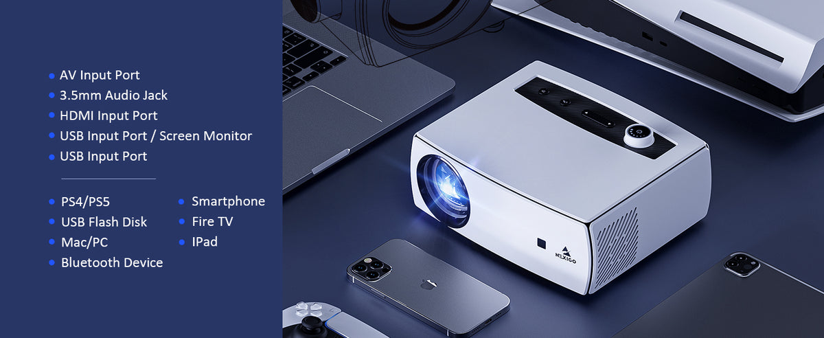 PJ10 projector at center with compatible devices around: smartphones, PS5, iPad, etc.