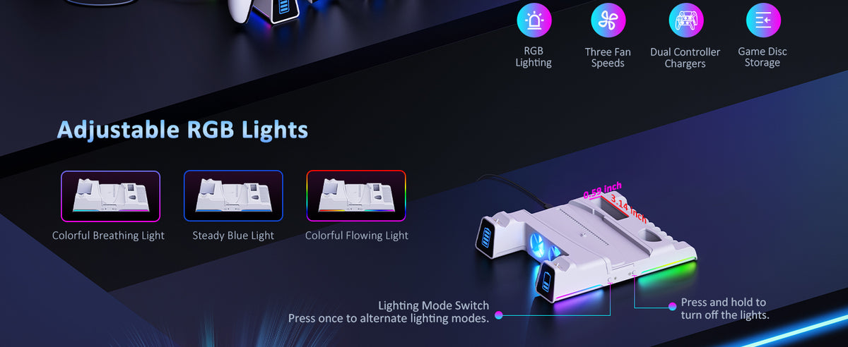 The base features RGB light strips on both sides. Easily switch lighting modes with the side button.