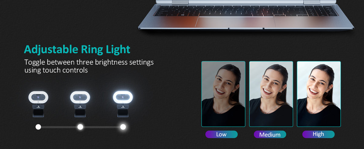 The webcam has a ring light with touch control below the lens.