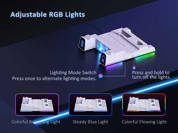 The base features RGB light strips on both sides. Easily switch lighting modes with the side button.