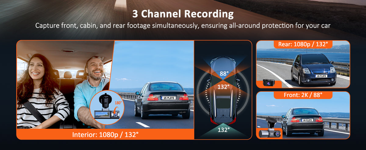 3-channel Dashcam with front 4K supported, interior 1080p, and rear 1080p cameras