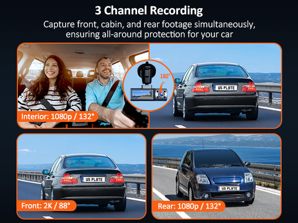 3-channel Dashcam with front 4K supported, interior 1080p, and rear 1080p cameras