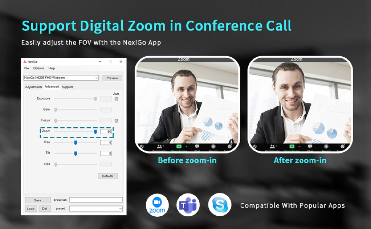 The NexiGo webcam allows for FOV adjustment and has a digital zoom function.