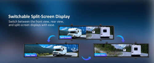 Screen offers three display modes: rear view, split screen, and front view, for versatile viewing options