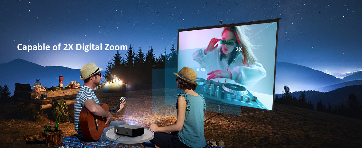 Couple's romantic outdoor date with PJ20 projector; Support 0.5X to 2X digital zoom.