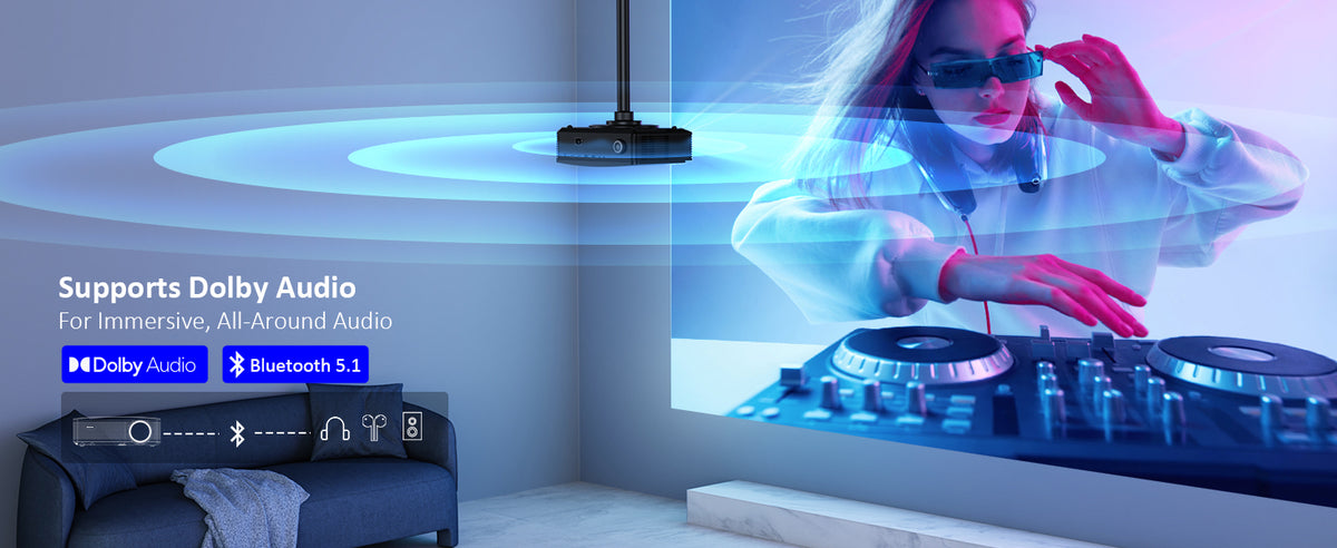 Ceiling-mounted projector supports Dolby Audio, delivering immersive all-around sound
