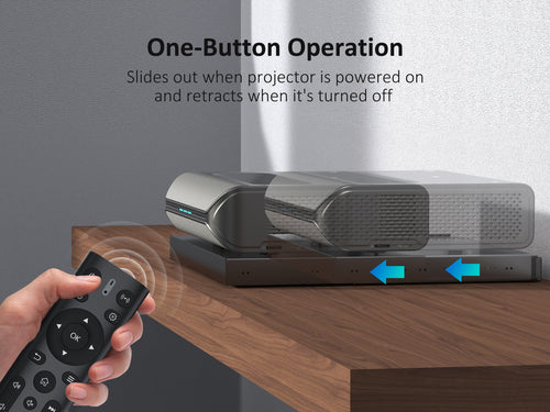 The sliding tray can be controlled on/off by the remote control of the projector