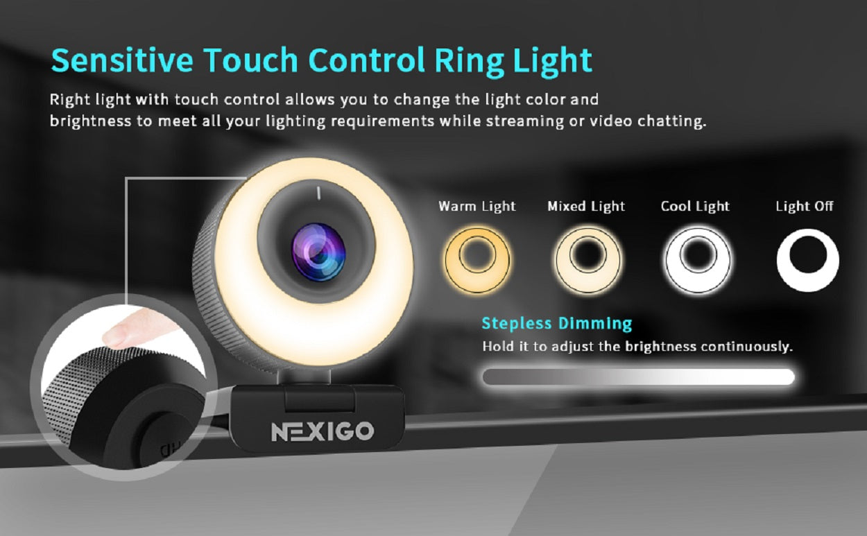 The four lighting modes of the webcam can be adjusted by touching the on/off button.