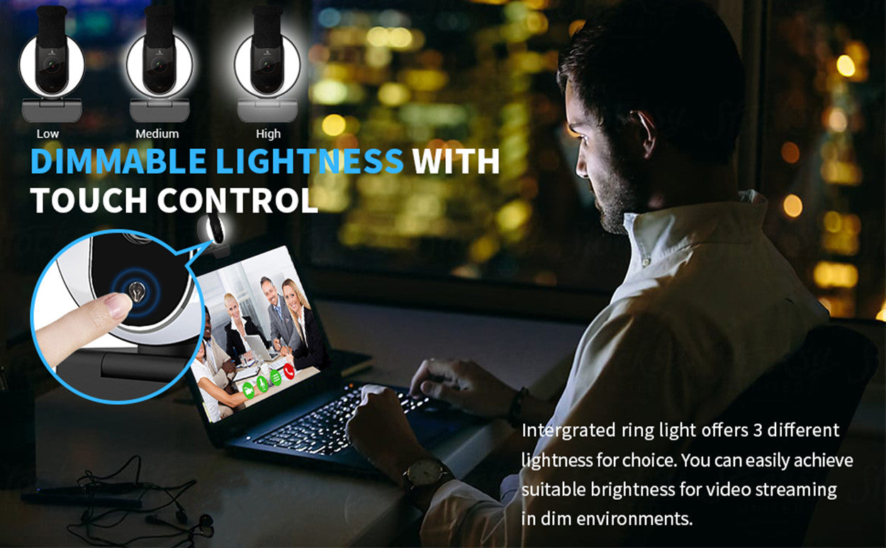 A person is using N680E with 3 different dimmable brightness levels for a video conference at night.