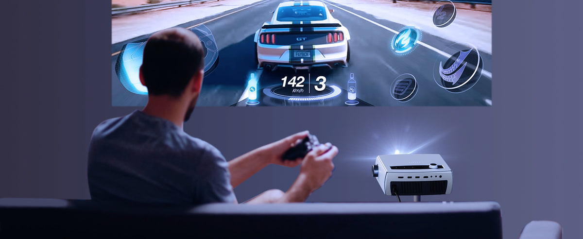 A man using PJ10 projector to play intense racing games.