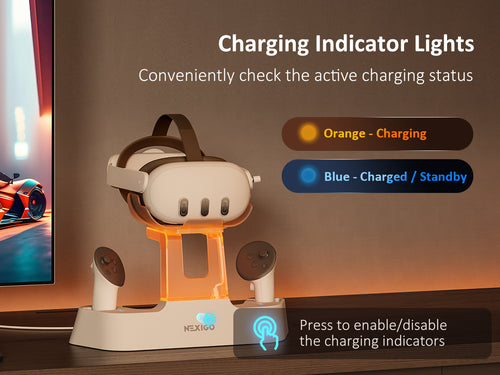 The charging dock has indicators on the support column and base sides to show the charging status of the headset and controllers.