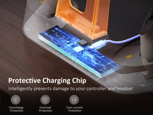 The charging dock protects the controller and headset during the charging process.