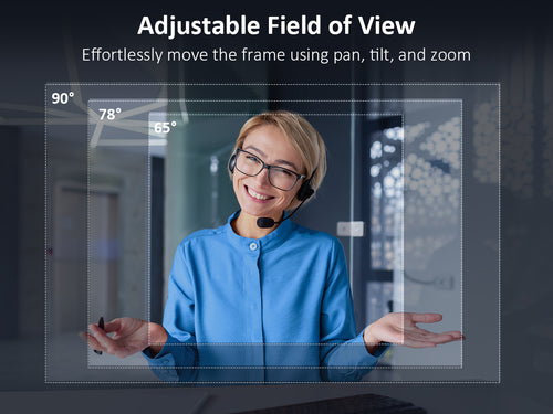 A businesswoman adjust the webcam's field of view using pan, tilt, and zoom