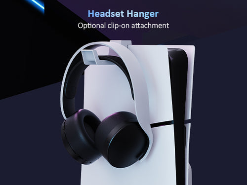 A PS5 headphone hung on the headset hanger.