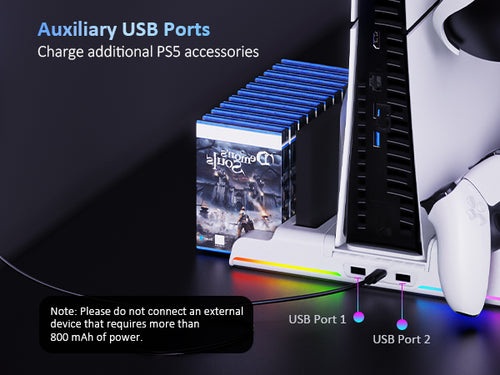 NexiGo Vertical Cooling Stand features auxiliary USB ports, allowing you to charge additional PS5 accessories.