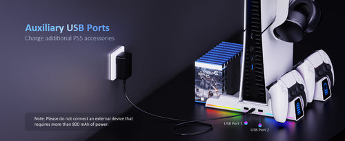 NexiGo Vertical Cooling Stand features auxiliary USB ports, allowing you to charge additional PS5 accessories.