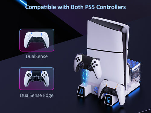 The stand simultaneously charges two PS5 DualSense or DualSense Edge controllers.