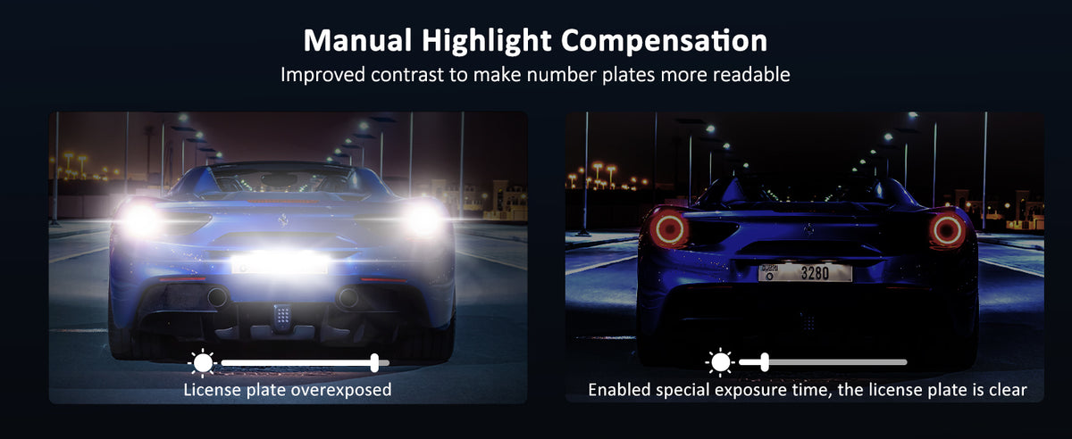 Dash Cam with Manual Highlight Compensation captures clear license plate info at night
